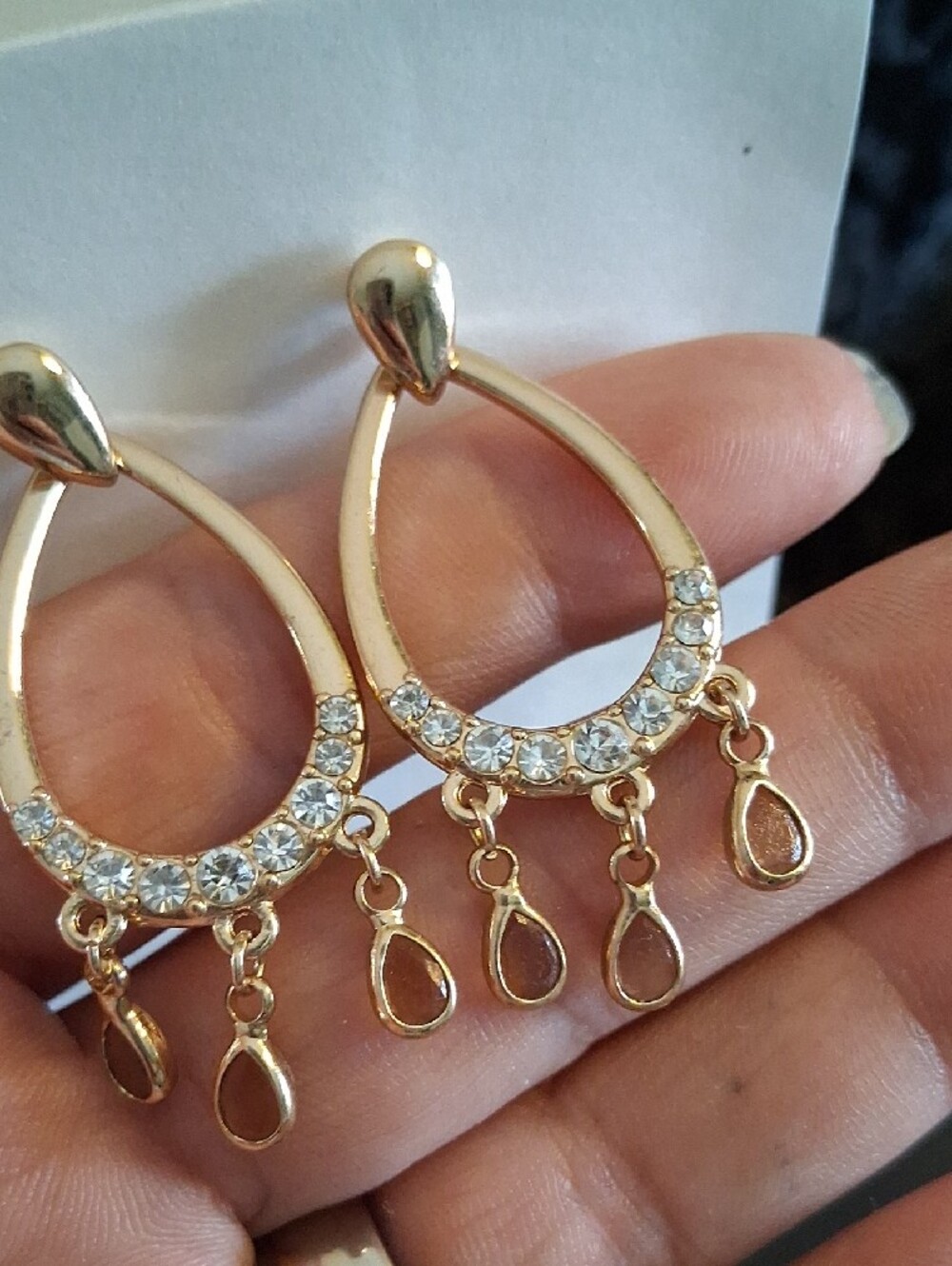 Monet Gold Teardrop Dangle Earrings with Clear Crystals - Picture 3 of 6